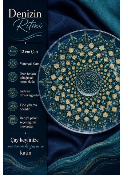 6 Lı Cam Çay Tabağı Turkuaz Ve Lacivert Geometrik Desenli 12 Cm 6 Adet Çay Tabak