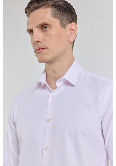 İmza Pudra Kendinden Desenli Sert Yaka Uzun Kol Cepsiz Slim Fit Pamuklu Gömlek 1004255283