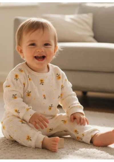 Altıntaş Baby Papatya Desenli Waffle Kumaş Oversize 2'li Kız Bebe Takımı Vanilya Vanilya