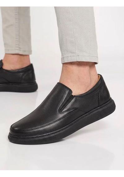 Beren Erkek Hakiki Deri Siyah Bağcıksız Slip-on Günlük Casual Ayakkabı Ortopedik Taban Loafer