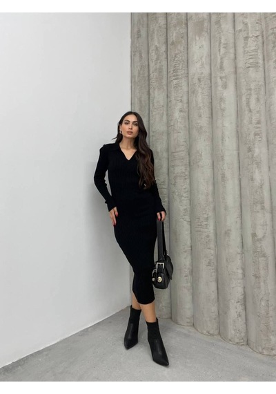 Msm Fashion Kadın Elbise Uzun Triko Kışlık Polo Yaka Likralı Kalem Elbise Siyah