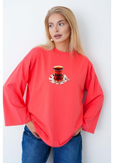 Herkesemoda Çay Bardağı Baskılı Uzun Kollu Tesettüre Uygun Body Narçiçeği
