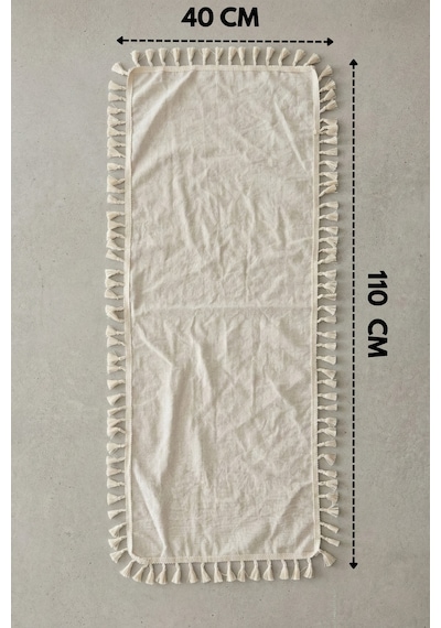 Lınen Vintage Keten Runner - Bohem Püsküllü, Rustik Masa & Konsol Dresuar Örtüsü 40x110 Bej