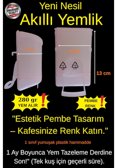 Pembe Akıllı Kuş Yemliği - 280 Gr Geniş Hazneli Kabuk Ayırıcılı Muhabbet Kuşu Yemliği 13x8x5 Cm