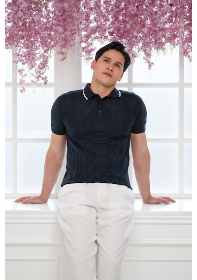 Advante Slimfit Kolları Lastikli Likralı Desenli Polo Yaka Triko T-shirt Lacivert