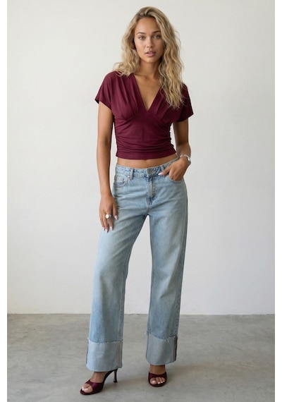 Bordo Büzgülü Kruvaze Yaka Sandy Bluz Mg2781