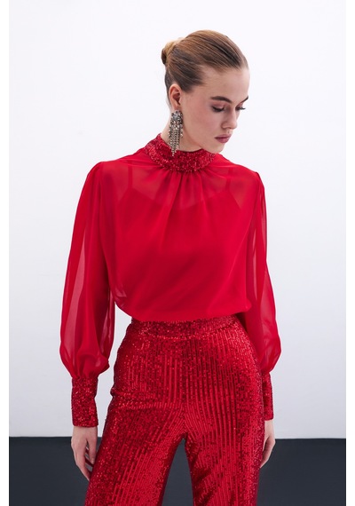 Sateen Payet Detaylı Bluz - Kırmızı-135855 Kırmızı