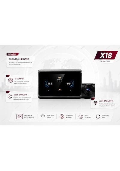Dxtel X18 4k Dokunmatik Araç Kamerası Ön Arka Kamera Wifi Gece Görüşlü G-sensör Park Modu Döngüsel Kayıt Dash Cam 3 Kameralı