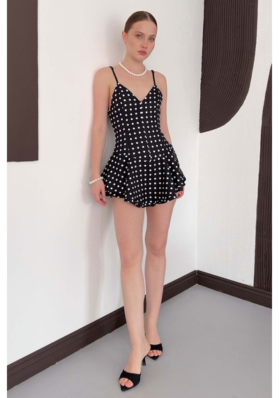 Verymoda Puantiyeli Askılı Mini Elbise D3003 Siyah Krem