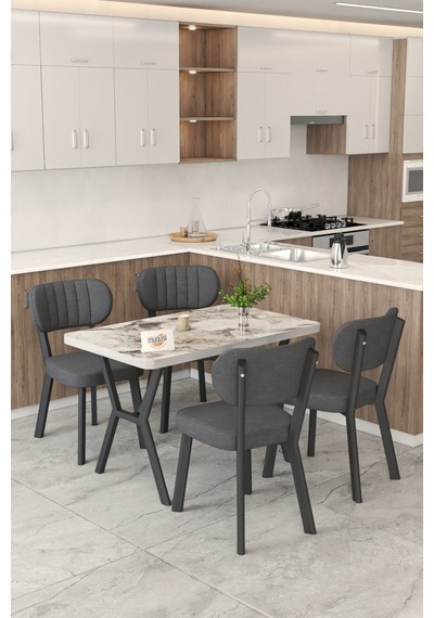 Gnr 70x110cm Sabit Efes Mutfak Masası Takımı, Yemek Masası, 4 Modern Antrasit Sandalye Antrasit