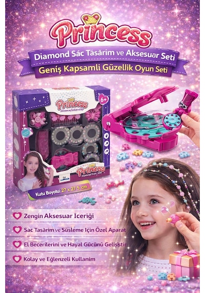 Princess Diamond Saç Tasarım Ve Aksesuar Seti Geniş Kapsamlı Güzellik Oyun Seti