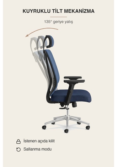 Upstyle Poyraz Başlıklı Fileli Ergonomik Çalışma Koltuğu Mavi Krom Koltuk 66 125 65 Cm
