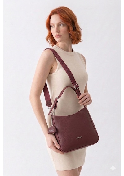 Just Polo Just & Polo Kadın Siyah Omuz Çantası - Mini Cüzdanlı Geniş Logolu Askılı Hobo Model 7023 Bordo