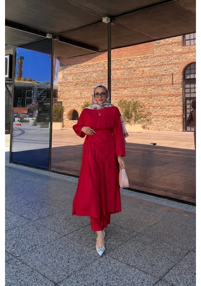 Riella Butik Nehir Üçlü Tesettür Takım Kırmızı