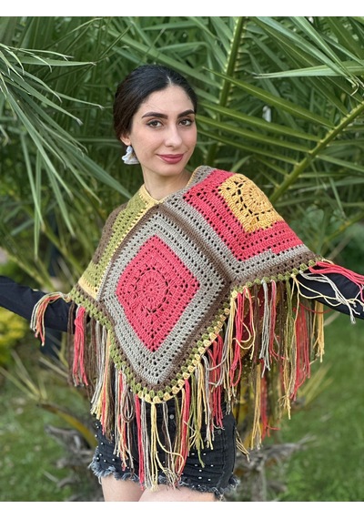 Gönülden Tasarım El Örgüsü Püsküllü Kadın Panço Sarı