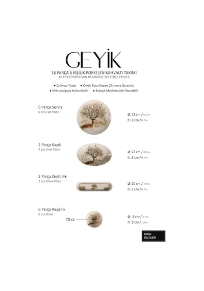 Geyik 16 Parça 6 Kişilik Porselen Kahvaltı Takımı Çok Renkli