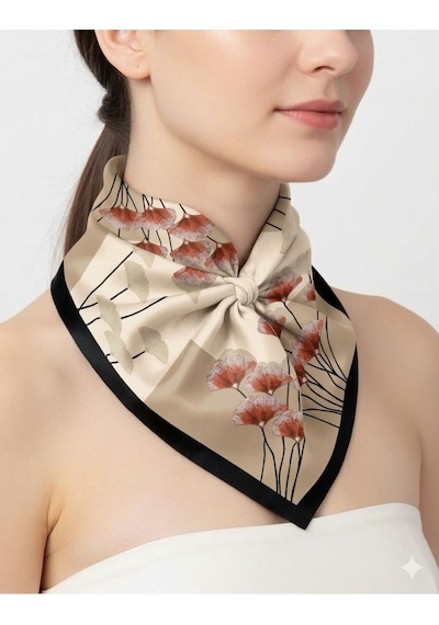 Tarzını Seç Siyah Ginkgo Fular / Bandana / Aksesuar 48x48 Cm