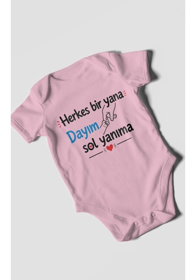 Morivokids Herkes Bir Yana, Dayım Sol Yanıma Kısa Kollu Bebek Body %100 Pamuk Koyu Pembe