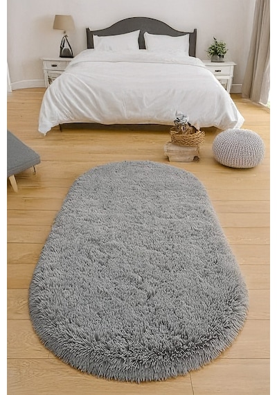 Gri Oval Post Halı Peluş Yumuşak Kaymaz Dot Taban Makinada Yıkanabilir Yolluk Gri