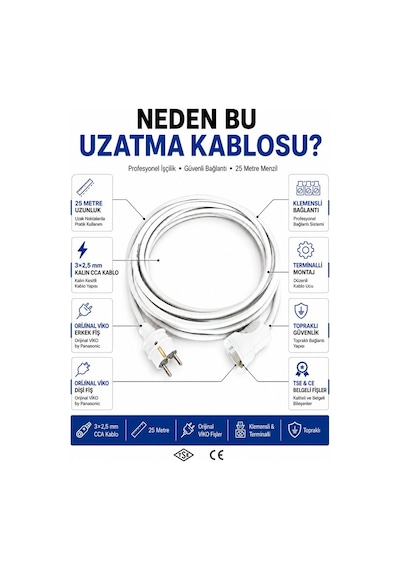 Viko Seyyar Uzatma Kablosu 25 Metre 3x2.5 Mm Cca Kablo Viko Erkek Dişi Fiş Klemensli Terminalli Topraklı Tse Ce Belgeli 25 M