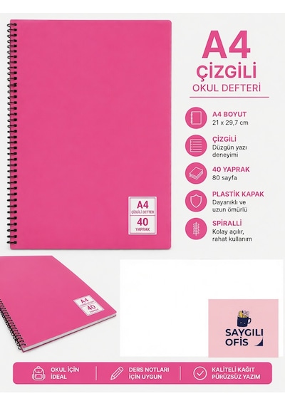 Saygılıofis 40 Yaprak A4 Spiralli Pp Kapak Çizgili Defter Pembe