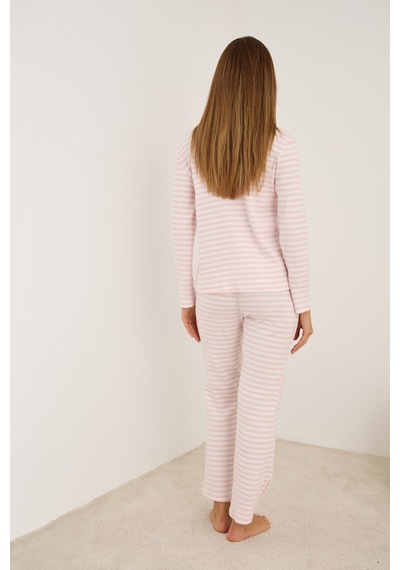 Siyah İnci Fırçalı Soft Fitilli Kaşkorse Hırka Pijama Takım Pembe Beyaz