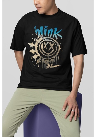 Blink 182 Gülen Yüz Baskılı Unisex Oversize Tişört Siyah