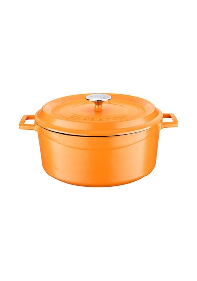 Spring Serisi - Döküm Tencere, Yuvarlak, 28 Cm, Mat Emaye, Parlak Siyah Taban, Turuncu 12v