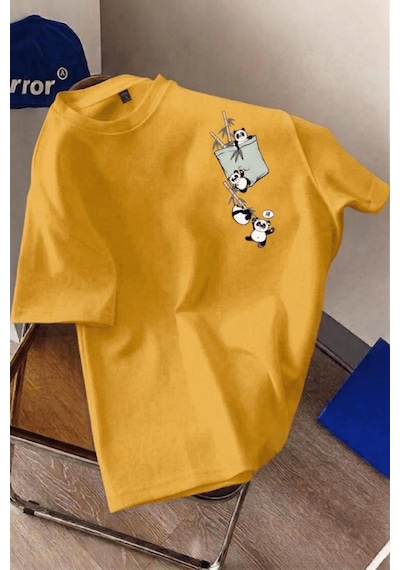Bambu Panda Grafikli Cep Detaylı Kısa Kollu Oversize Unisex Bisiklet Yaka Tişört Sari