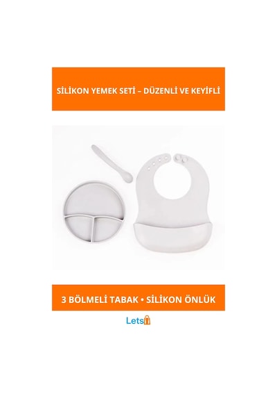 Gri Silikon Vakumlu Tabaklı Diş Kaşıyıcılı Kaşık Ve Ayarlanabilir Mama Önlüğü Seti