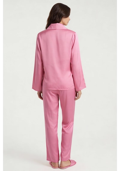 Amoris Şeker Pembesi Uzun Saten Pijama Takımı Pembe