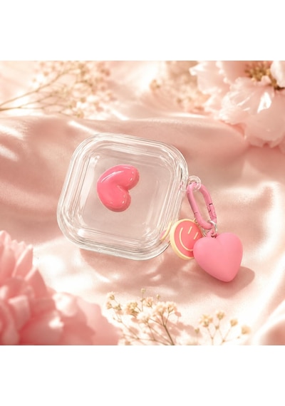 Samsung Galaxy Buds 4 / Buds 4 Pro İle Uyumlu Heartpop 3d Kalpli Şeffaf Kulaklık Kılıfı Pembe Karabinalı, Kalp Ve Smiley Charm Aksesuarlı Koruyucu Kulaklık Kabı
