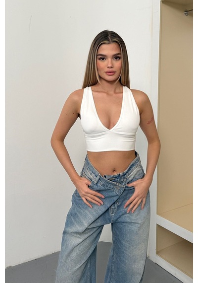 Jee Lee Kadın V Yaka Kalın Askılı Fitilli Büstiyer Beyaz - 26m 9036