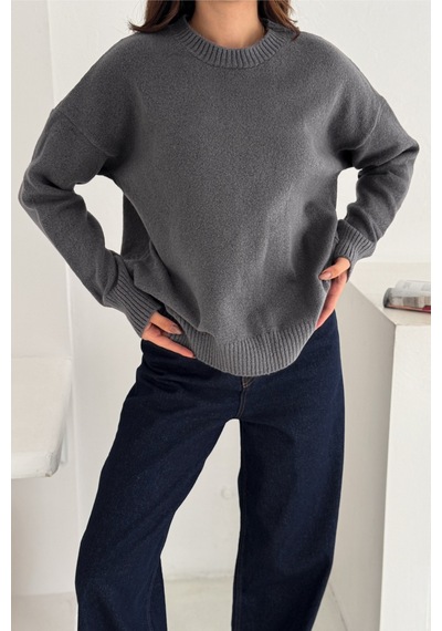 Femelle Kadın Füme Standart Beden Oversize Basic Triko Kazak - 357bnd Gri