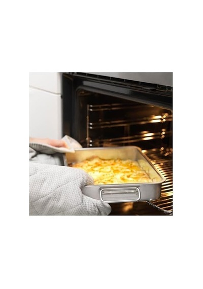 Metal Kare Fırın Kabı 24x34 Cm Paslanmaz Çelik Kulplu Kare Fırın Pişirme Tepsisi Gümüş