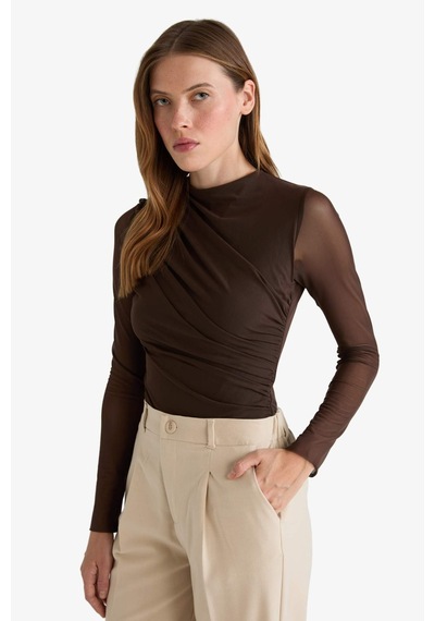 Defacto Slim Fit Dar Kesim Tül Uzun Kollu Çıtçıtlı Body G3075ax25aubn220 Kahve