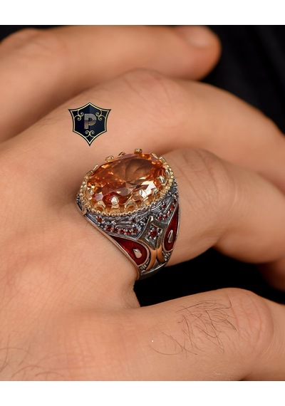 Prestij Gümüş 925 Ayar Gümüş Şampanya Topaz Taşlı Zirkon Taş Süslemeli Erkek Yüzüğü