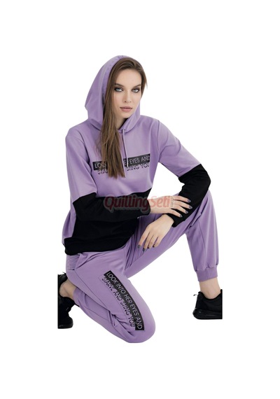 Lady Uzun Kol 22069 Kapüşonlu Ve Kanguru Cepli Lila - Siyah Renk Kadın Spor Eşofman Takımı Mor Siyah