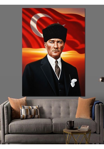 Atatürk Portresi Bayrak Kırmızı Dekoratif Kanvas - Mdf Ahşap Tablo