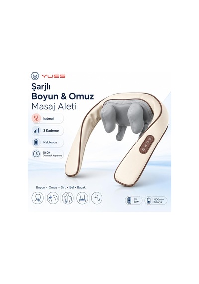 Yues Şarjlı Boyun Omuz Masaj Aleti, Isıtmalı Kablosuz 4d Masaj Cihazı, 3 Kademe Masaj Seçeneği, 1800 Mah Batarya, Sırt Bel Bacak Kullanımına Uygun