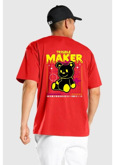 Baş Belası Teddy Kırmızı Oversize Unisex Ön Ve Sırt Baskılı Tişört Kırmızı