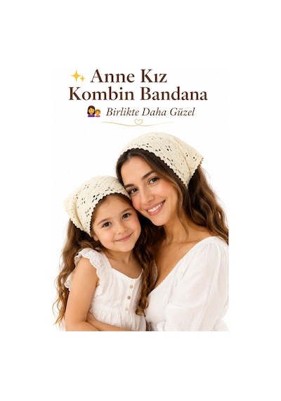 Anne Kız Kombin Bandana El Örgüsü Saç Bandı Bohem Stil Ayarlanabilir 2li Set Krem
