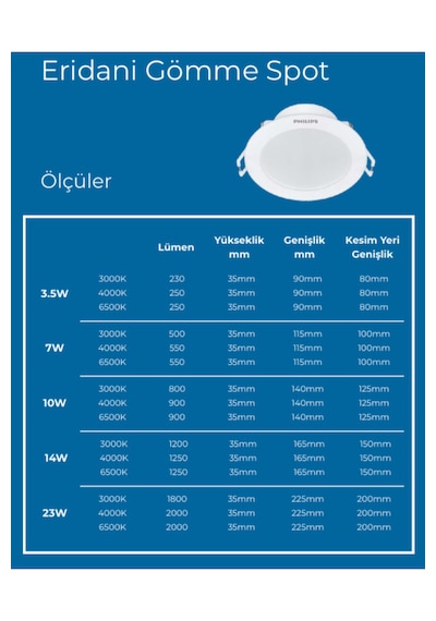 Philips Eridani Dl190b 7w 100mm Delik Çapı 3000k Sarı Işık 500lümen Spot Beyaz