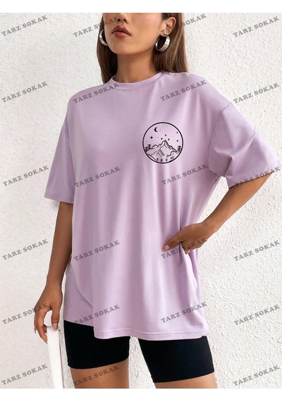 Flood Of Style Unisex Güneş Ve Ay Desenli Düşük Omuz Tişört Kod-1350 Mor