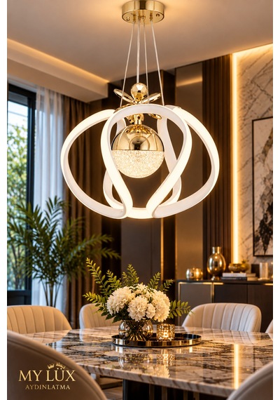 Defne Modern Gold Beyaz Ledli Avize Yatak Odası - Hol - Salon Beyaz Beyaz