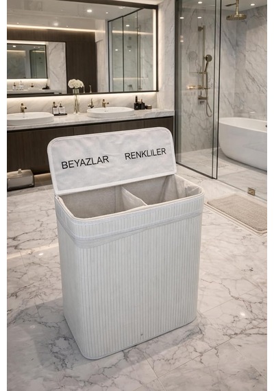 Modern Bambu Beyazlar/renkliler Ayrı Bölmeli Çamaşır Kirli Sepeti 52x32x60cm 100 Litre Büyük Boy Beyaz Çok Renkli
