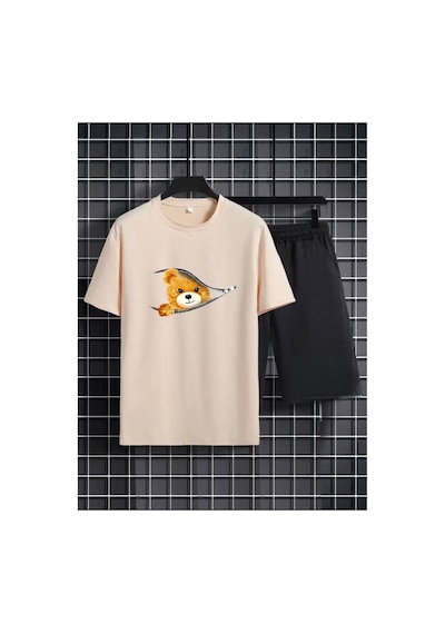 Medinenur Fermuar Ayıcık Desen Baskılı T-shirt Short Bol Paça Rahat Kalıp Siyah Alt Siyah Üst Short Takım Bej
