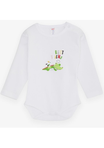 Breeze Erkek Bebek Çıtçıtlı Body Timsah Baskılı 9 Ay-3 Yaş, Beyaz Beyaz