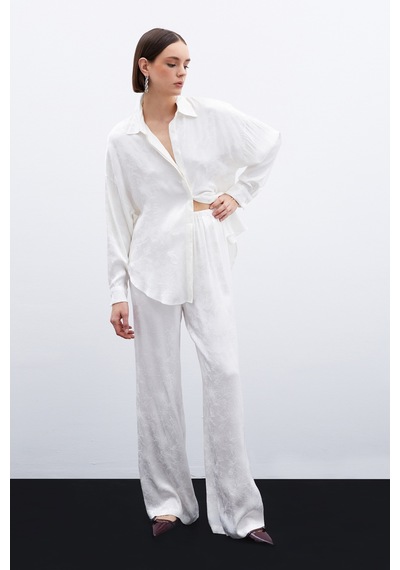 Sateen Jakarlı Saten Pantolon - Ekru-136050 Ekru