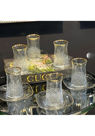 Assa Bazaar 12 Parça Gerçek Yaldızlı Timeless Çay Seti 6 Bardak & 6 Tabak Gri